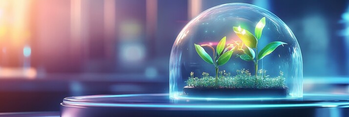 Protected Growth Young Plants Under Glass Dome in Futuristic Lab Setting