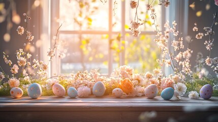 Sophisticated Easter background featuring a wooden table with painted Easter eggs delicate floral arrangements and natural light streaming in
