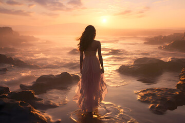 Sunset stroll along the rocky shoreline evoking serenity and beauty in the evening light