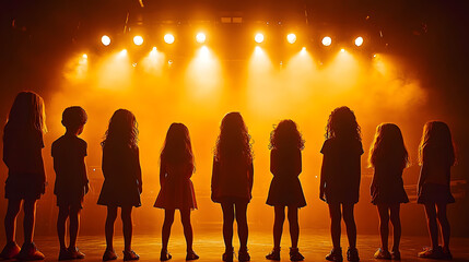 Group of children stand silhouetted against the warm glow of stage lights, eagerly awaiting their turn to perform on the theatre stage