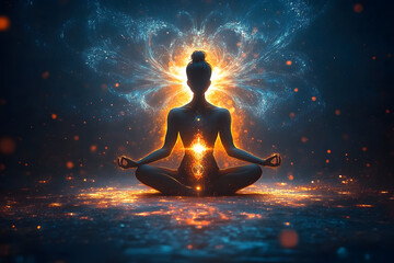 Illustration of human meditating, spirituality, astral body with light rays and chakra activation, mystical spirit