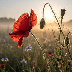 Obraz premium A close-up of a bright red poppy, its silky petals catching the light as they gently sway in the breeze.