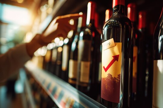 Hand pointing at wine bottle with upward - arrow label in store, indicating red wine price rise.