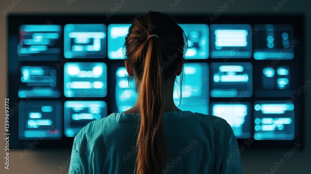 Poster exploring technology trends a user analyzing screens digital environment modern workspace introspect