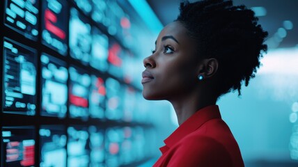 Data analysis action by professional woman tech lab digital interface modern environment profile view innovation insights