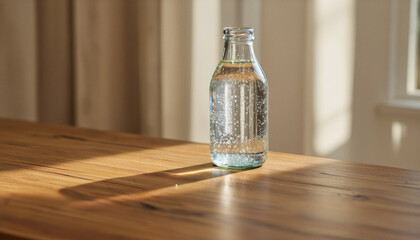 Everyday objects - for downstream advertisement and design: Sunlight streams through a window, illuminating a bottle of sparkling water sitting on a wooden table.
