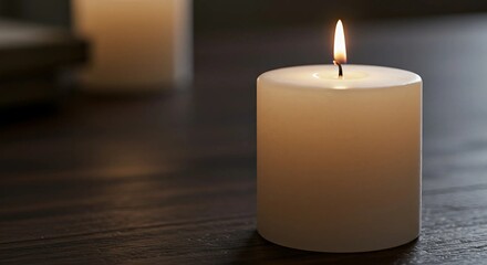 Close-up of a burning white candle with soft, warm flame in a dark, blurred background. Minimalist and calming atmosphere. Ideal for concepts of peace, meditation, spirituality, and remembrance.