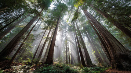 Towering Forest Giants Reaching Skyward Through Ethereal Light