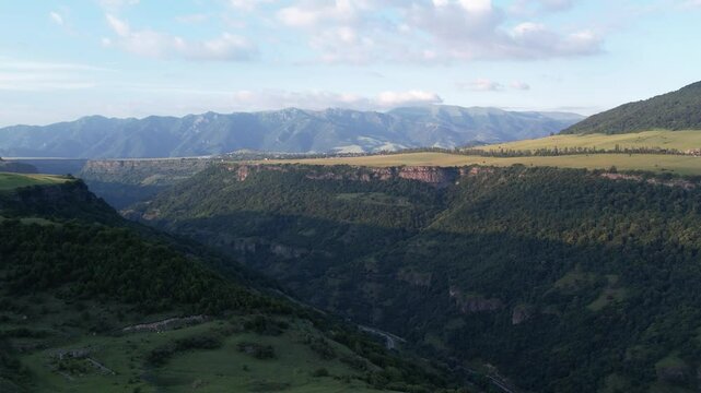 Aerial footage of the scenic Debed River Canyon in Northern Armenia on a sunny say