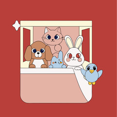  "Adorable kawaii-style illustration of cute animals looking out from a window pocket. Features a cat, dog, rabbit, bird, and a small blue creature with rounded shapes and big eyes. Flat design, paste