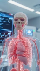 Medical visualization of human anatomy skeleton and organs laboratory setting digital rendering scientific study