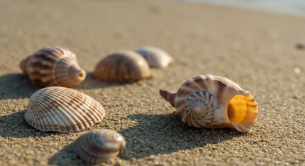 Various seashells resting on golden beach sand in warm sunlight. Natural marine collection highlighting ocean treasures, vacation memories and coastal decoration inspiration