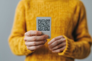Showing qr code on card indoor setting digital content modern environment close-up view technology concept