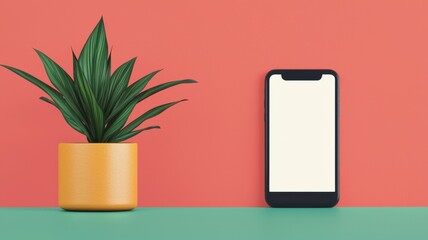 Smartphone displaying blank screen beside potted plant minimalist home office setup modern design aesthetic view