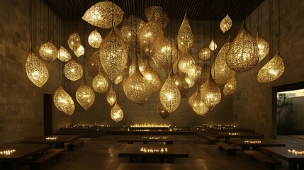 Elegant, warm-toned dining space, with numerous hanging lights