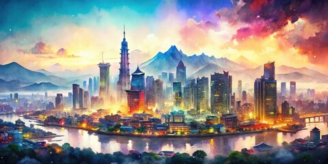 Obraz premium Urban Skyline Asian Art Fusion: Contemporary Cityscape Meets Classic Landscape Painting