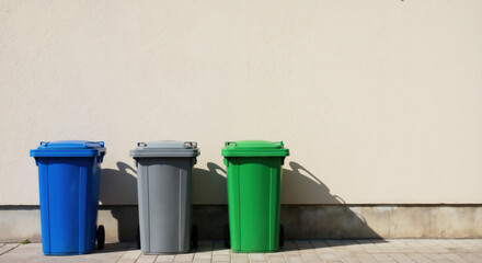 Naklejka premium Blue, gray and green recycling bins lined against beige wall with shadows. Waste sorting system for environmental awareness campaigns, municipal services promotion and sustainable living education