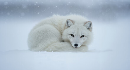Naklejka premium Arctic fox curled up on snow with white fur perfectly camouflaged in winter landscape. Wildlife adaptation for environmental conservation awareness and animal protection education