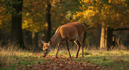 Deer grazing on fallen leaves in autumn forest with golden foliage background. Wildlife behavior for nature conservation awareness and forest ecosystem education