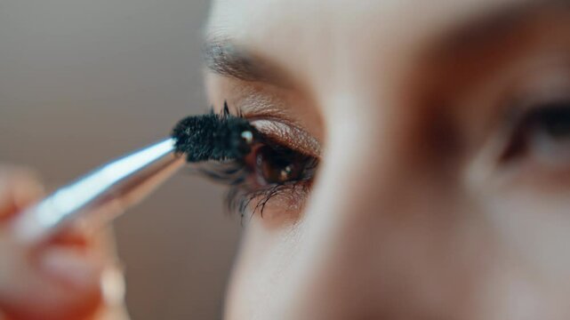 Closeup lady apply mascara on eyelashes preparing to party. Girl painting lashes