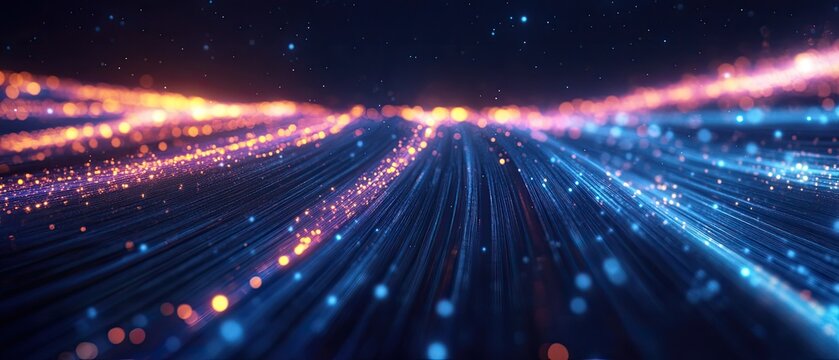Quantum light trails in aurora particle simulation with layered depth blur, high-dynamic-range effects for tech editorial visuals, cyber promotions
