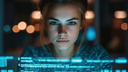 Young female programmer analyzing code in modern office space technology focus nighttime environment