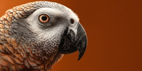 Fototapeta premium Regal parrot with monocle on solid orange background, highly detailed digital bird portrait with abstract minimal style and panoramic space for editorial or banner use