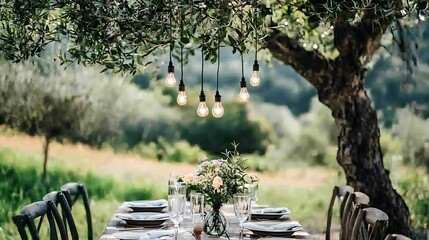 Rustic outdoor dining under olive trees