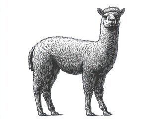 Fototapeta premium Alpaca standing, farm background, wool animal illustration, textile design