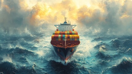 Container ship navigating stormy ocean at sunset