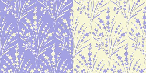 Seamless pattern with silhouettes of Lavender Flowers. Vector cute simple floral Background