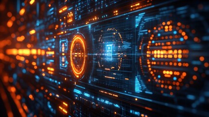 Naklejka premium Abstract Futuristic Digital Interface: Neon Orange and Blue