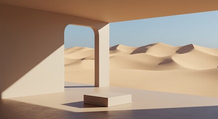 Modern minimalistic interior with a view of the sand dunes - 3d render. Simple background with a podium, showcase for advertising and presentations. Aesthetic architecture of the building space.