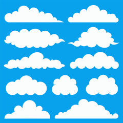 Vector Set of Cartoon Cloud Shapes – Flat White Clouds on Blue Sky Background.