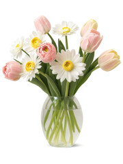 Obraz premium Thank You Bouquet (Tulips Ranunculus Daisies) medium, round vase filled with pale pink water, holding a thoughtful bouquet