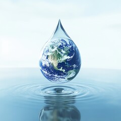 Earth suspended in a water droplet, representing global water resources