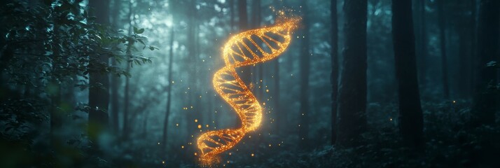 Golden DNA Helix in Enigmatic Forest - Nature's Genetic Code