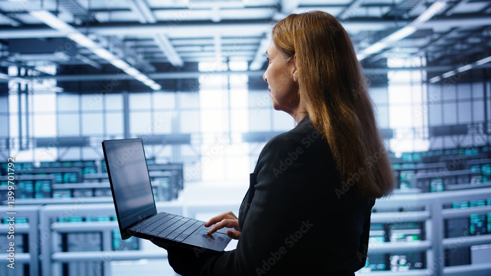 Poster system administrator in server hub checking recovery plan on laptop, monitoring energy consumption. 