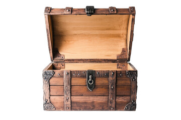 an open wooden treasure chest with a rustic design showcasing its empty interior ideal for storing valuables or decorative items
