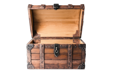 an open wooden treasure chest with a rustic design showcasing its empty interior ideal for storing valuables or decorative items