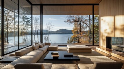 Fototapeta premium A modern living room overlooking a beautiful lake landscape