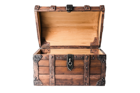 an open wooden treasure chest with a rustic design showcasing its empty interior ideal for storing valuables or decorative items