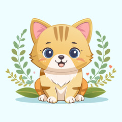 Obraz premium Illustration Cute Cartoon Cat Sitting Among Flowers and Leaves