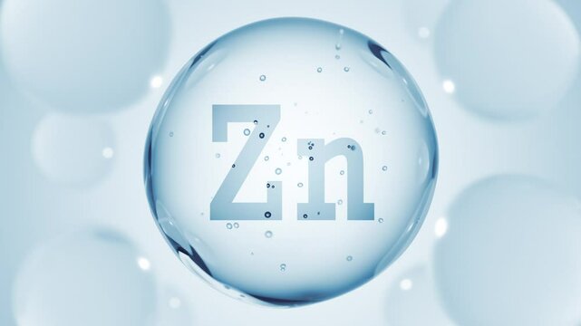 3D pill capsule drop with mineral Zinc. Blue Zn bubble for nutrition design or beauty cosmetics
