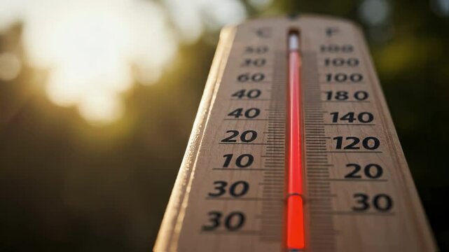 Close up of thermometer showing high temperature with rising red line against warm sunny background, illustrating heatwave conditions, global warming impact and measuring climate change effects