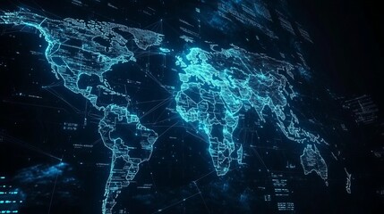 Digital world map with glowing blue lines and connections on a dark background perspective view