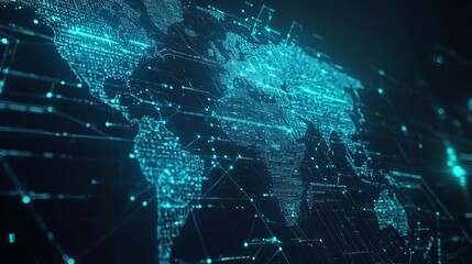 Obraz premium Digital world map illuminated with blue light representing global network connections and data flow