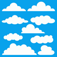 Vector Set of Cartoon Cloud Shapes – Flat White Clouds on Blue Sky Background.