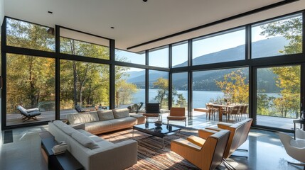 Fototapeta premium A modern interior living space overlooking water and natural landscape