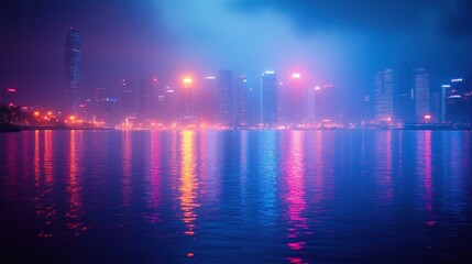 Fototapeta premium Night Cityscape Reflection: Neon Lights and Misty Harbor